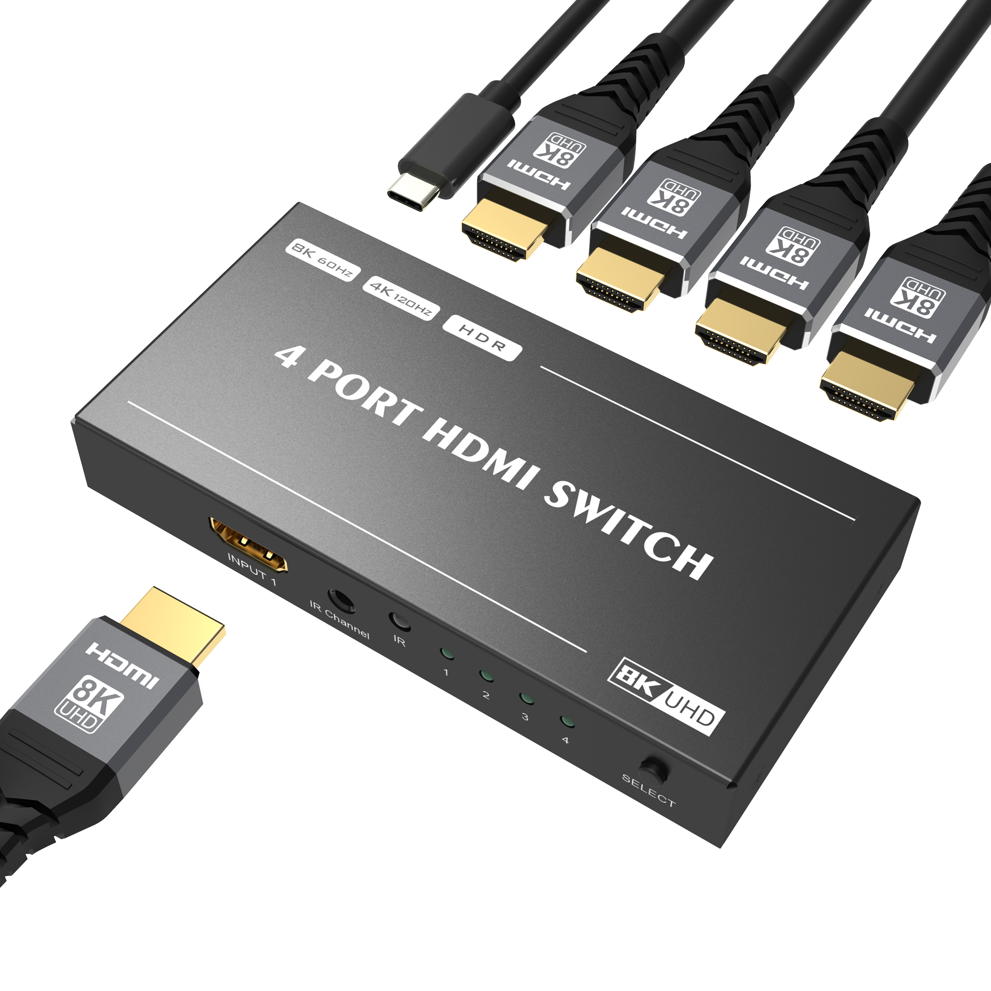YIWENTEC HDMI 2.1 Ultra HD 8K High Speed 48Gbps HDR10 3D Directional Switch Only 4in 1out 8K@60Hz 4K@120Hz HDCP2.3 Converter with IR Remote Switch Compatible with Xbox x PS5 F0308 