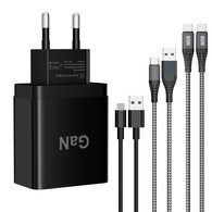 YIWENTEC USB-C PD USB-A QC 3.0 65 W Super Fast Charger EU Plug Quick Power Adapter mit einem USB-C 60 W Ladekabel, A USB-A auf USB-C 2,4 A Power Cable and Micro USB Cable  W0104